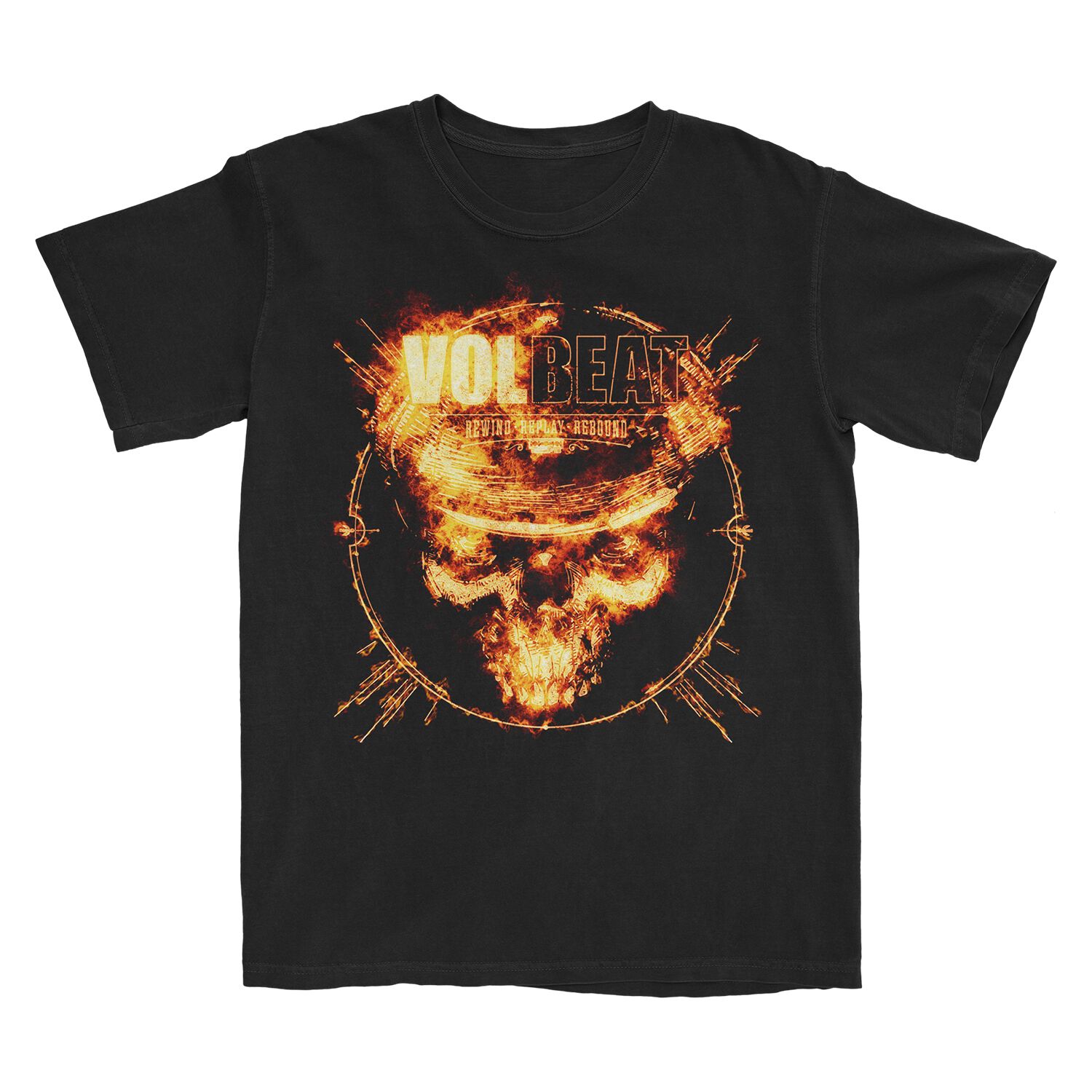 Rewind, Replay, Rebound Skull Fire T-Shirt | Volbeat Merch Official Store